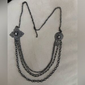 Vintage gunmetal chain link & crystal in flower enhancer multi-strand necklace